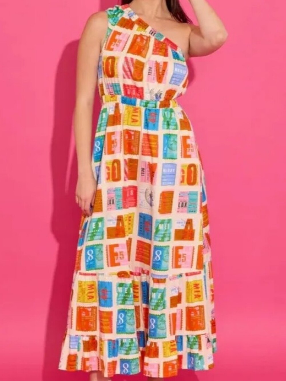 One-Shoulder Colorblock Ticket-Print Maxi Dress